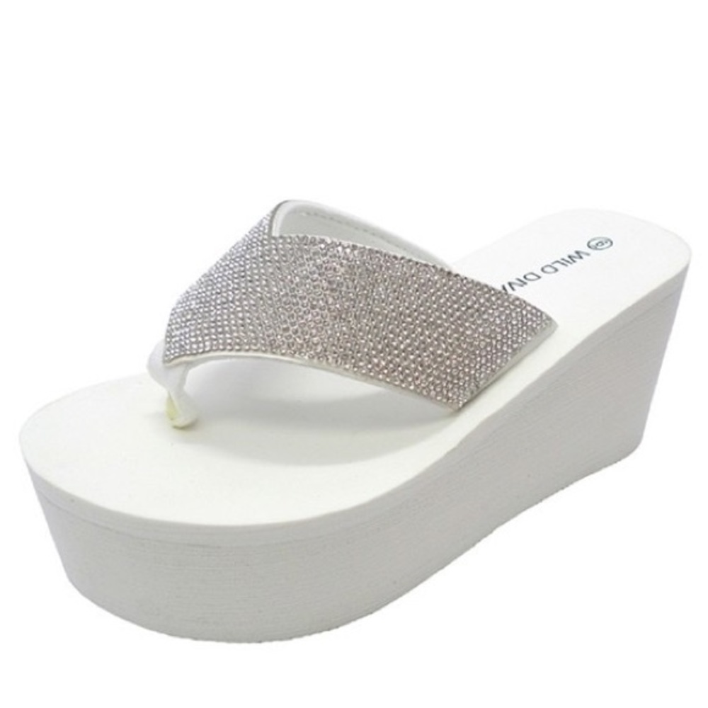 Wild Diva Heat White Y2K Rhinestone Embellished Ultra Platform Wedge Sandal
